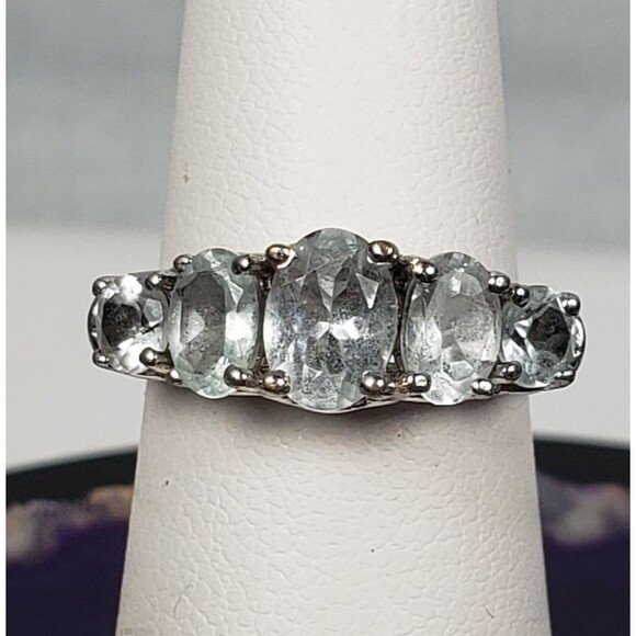 Vintage 5 Round Aquamarine Stones Signed STS 925 Ring Size 5 - Picture 1 of 16